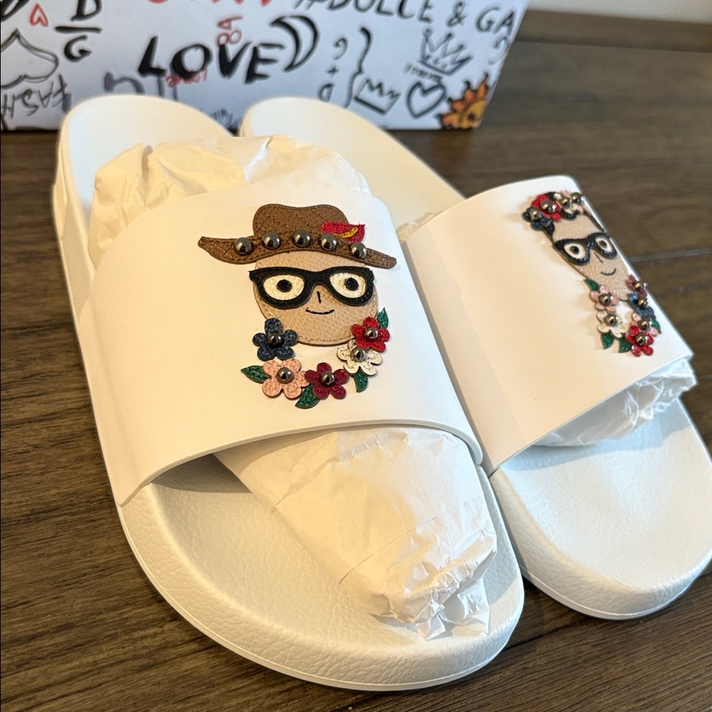 NIB [Dolce & Gabanna] Patches of the Designers Rubber/Calfskin Slides Mens US 10 - Picture 6 of 14